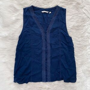Soft Surroundings Navy Blue V-Neck Ingenue Lace Trim Tank Top Blouse